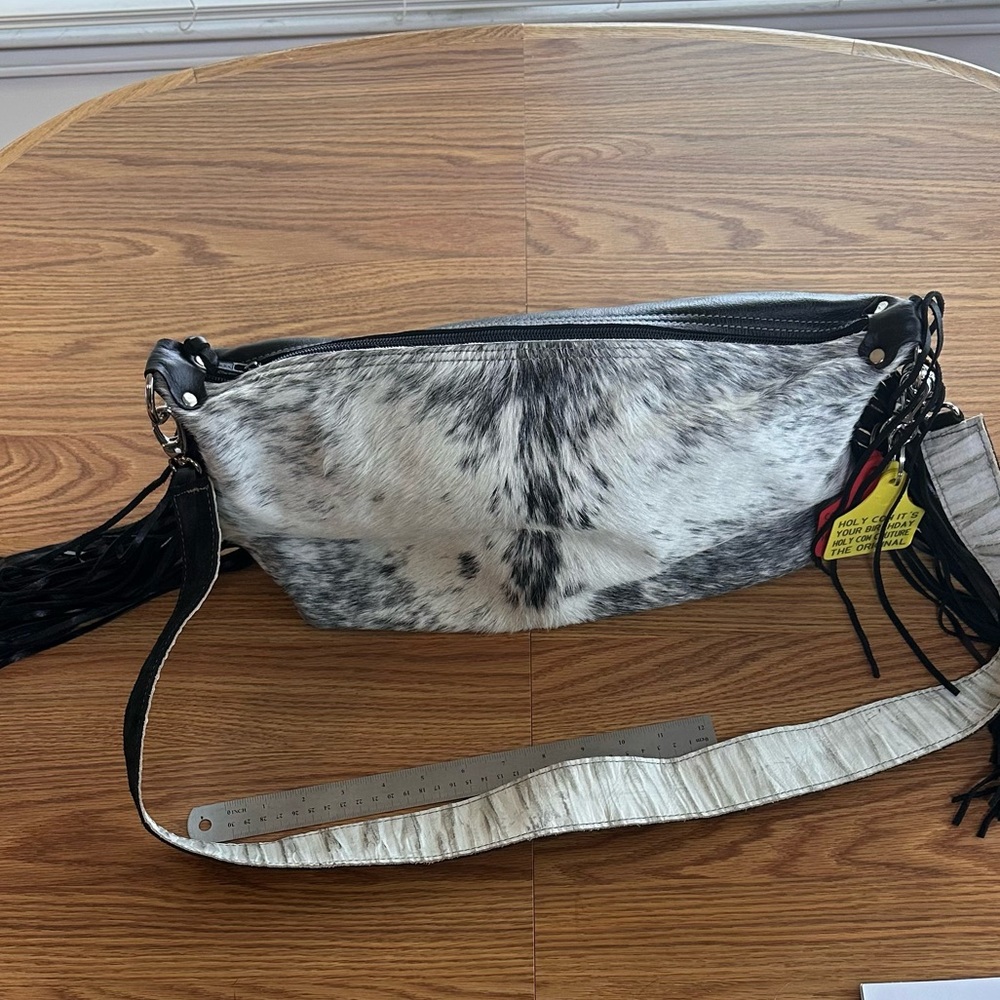 Holy Cow Couture Cowhide Shoulder Bag with Fringe - Black & White